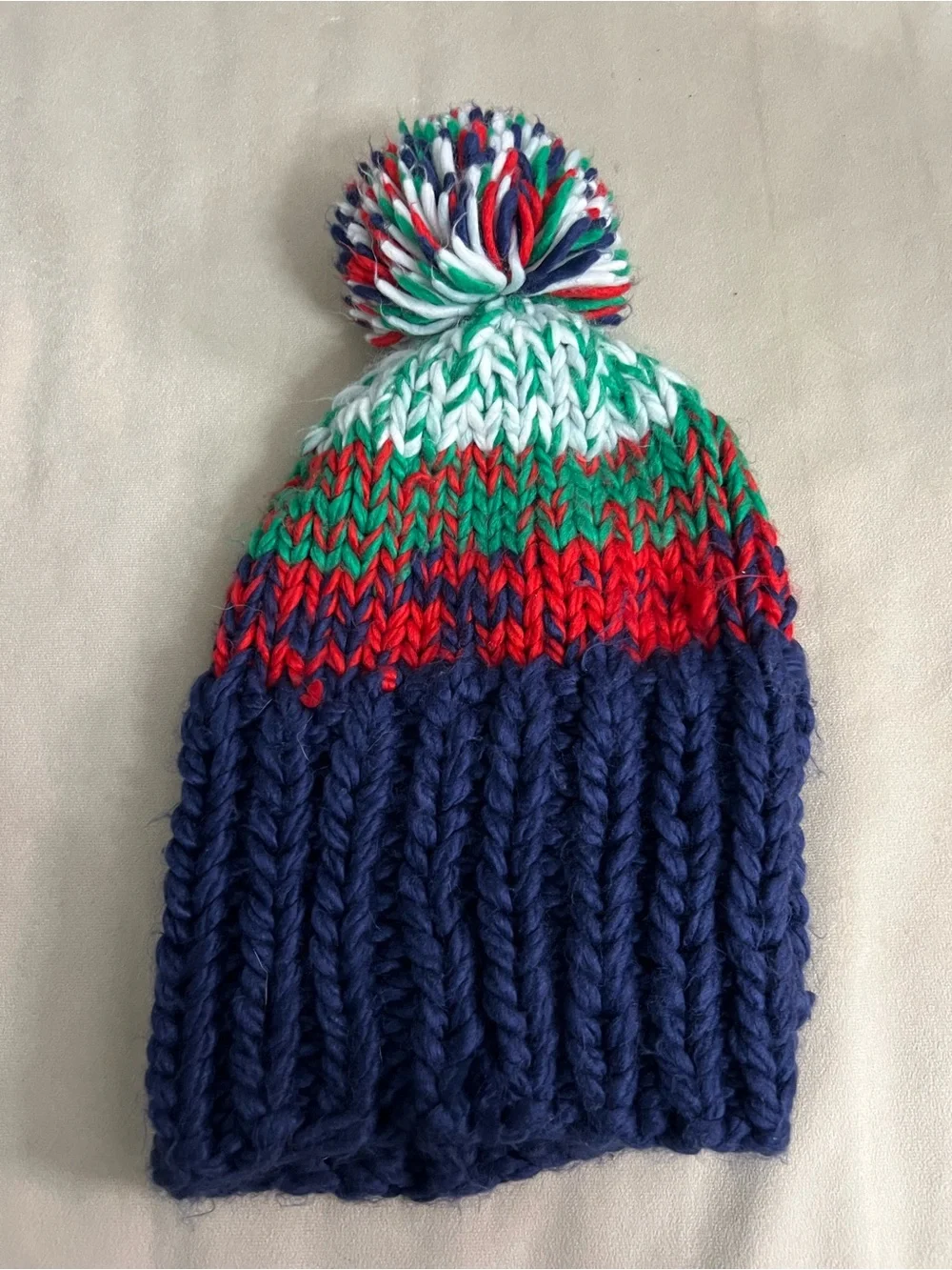 🧶❄️ Free People Chunky Knit Pom Pom Beanie Navy Multicolor Boho Ski Hat
